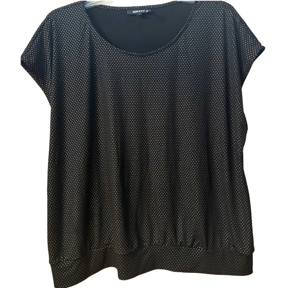 DKNY Women’s Black Top Relaxed Fit Dolman Short Sleeve Silver Rhinestones XL